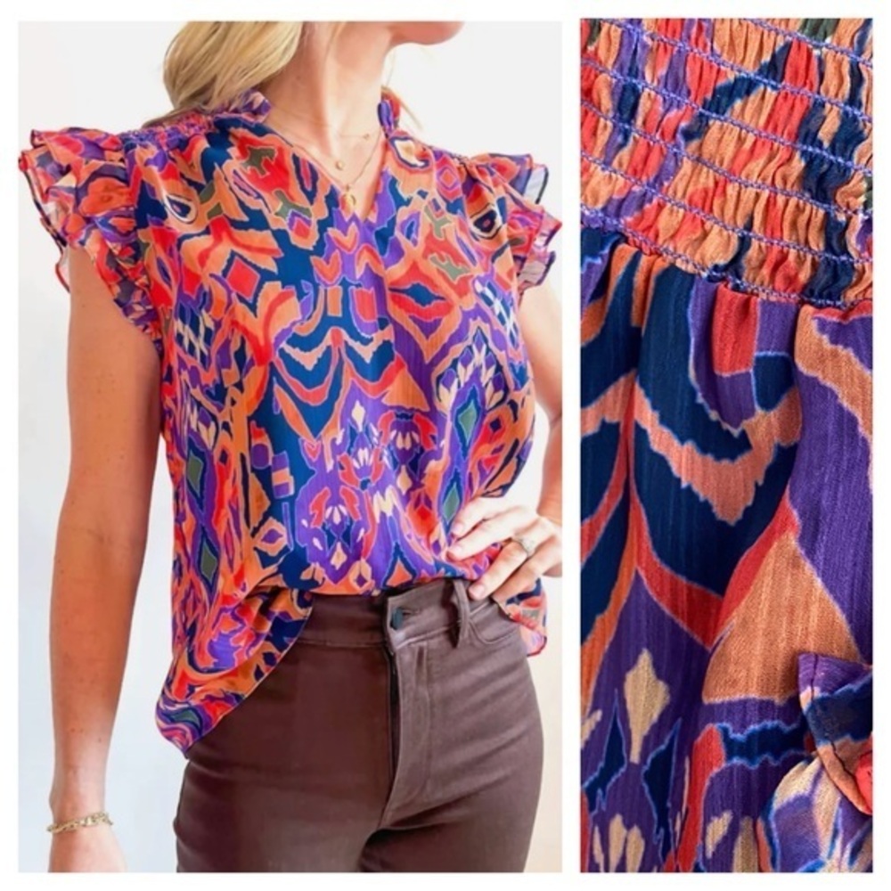 Willa Story Phoebe Orange Purple Multi Flutter Sleeve Top Medium
